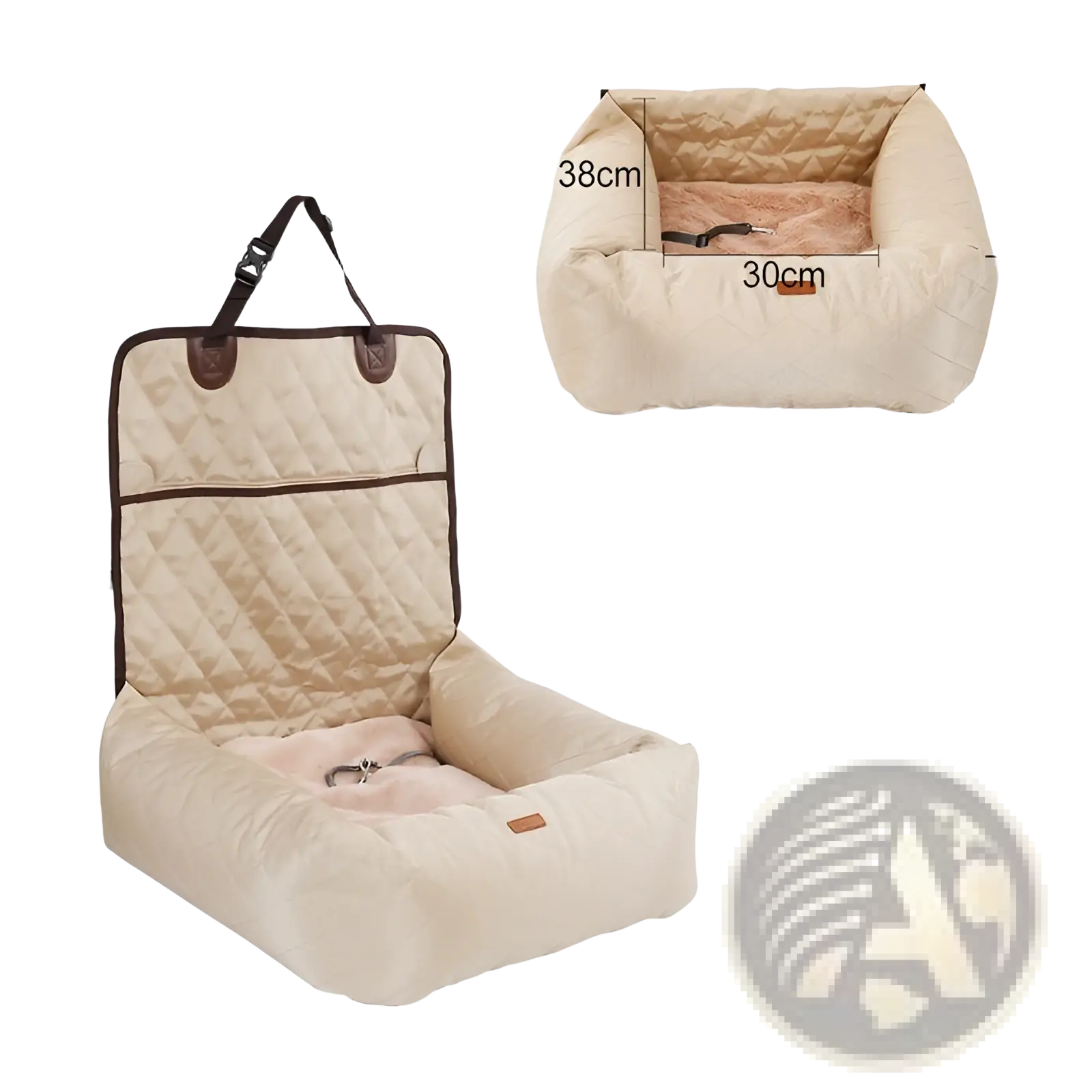 Beige quilted dog car seat bed with soft pink interior and brown leather accents waterproof foldable carrier