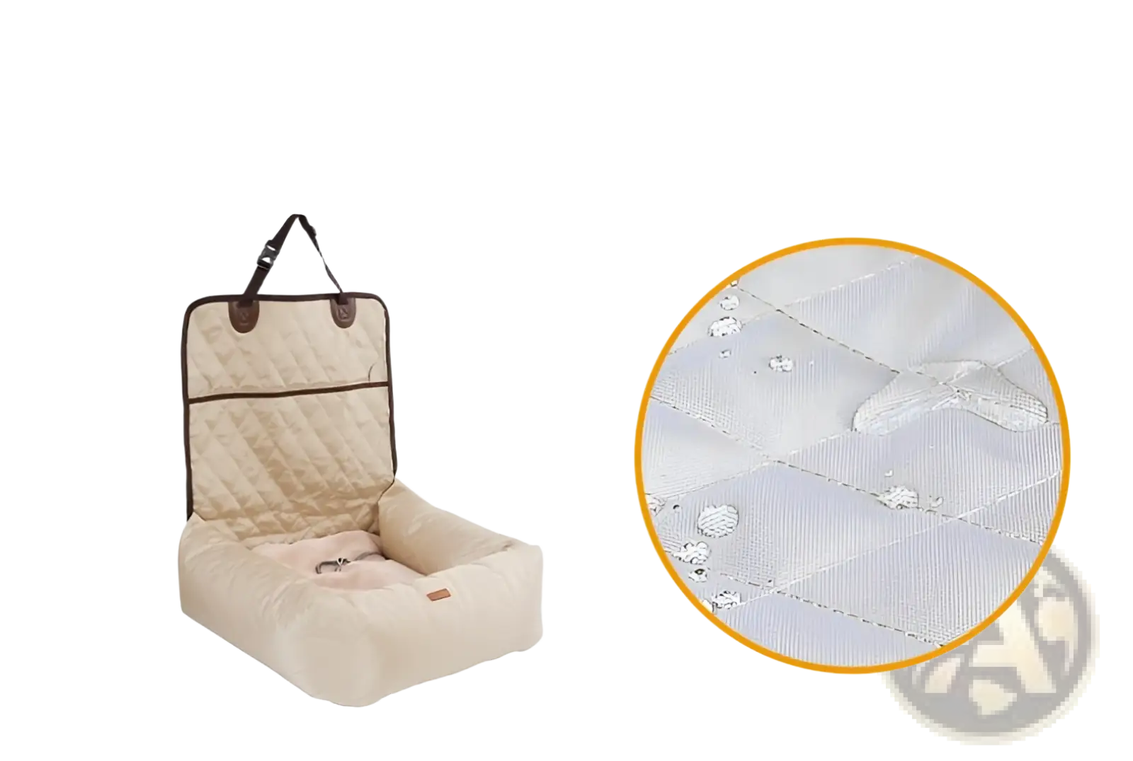 Beige quilted dog car seat bed with brown leather handle made from high-quality 90d nylon fabric waterproof and foldable carrier