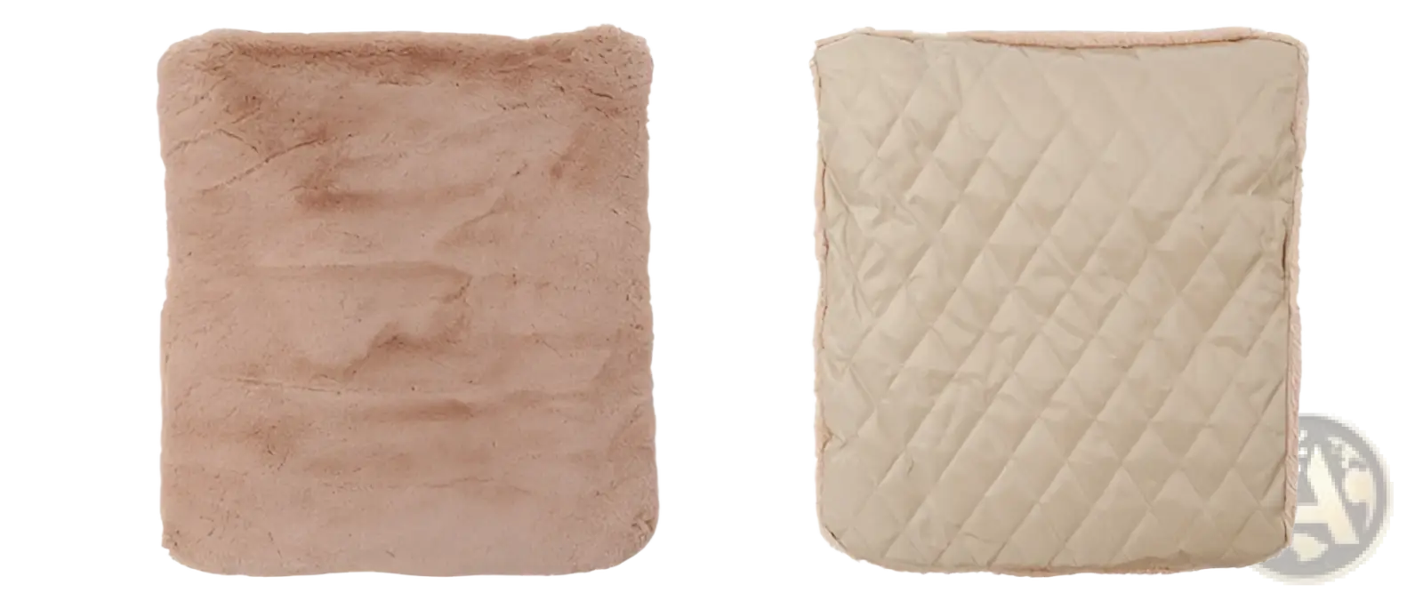 Beige faux fur and quilted fabric throw pillows for dog car seat bed waterproof foldable carrier displayed together