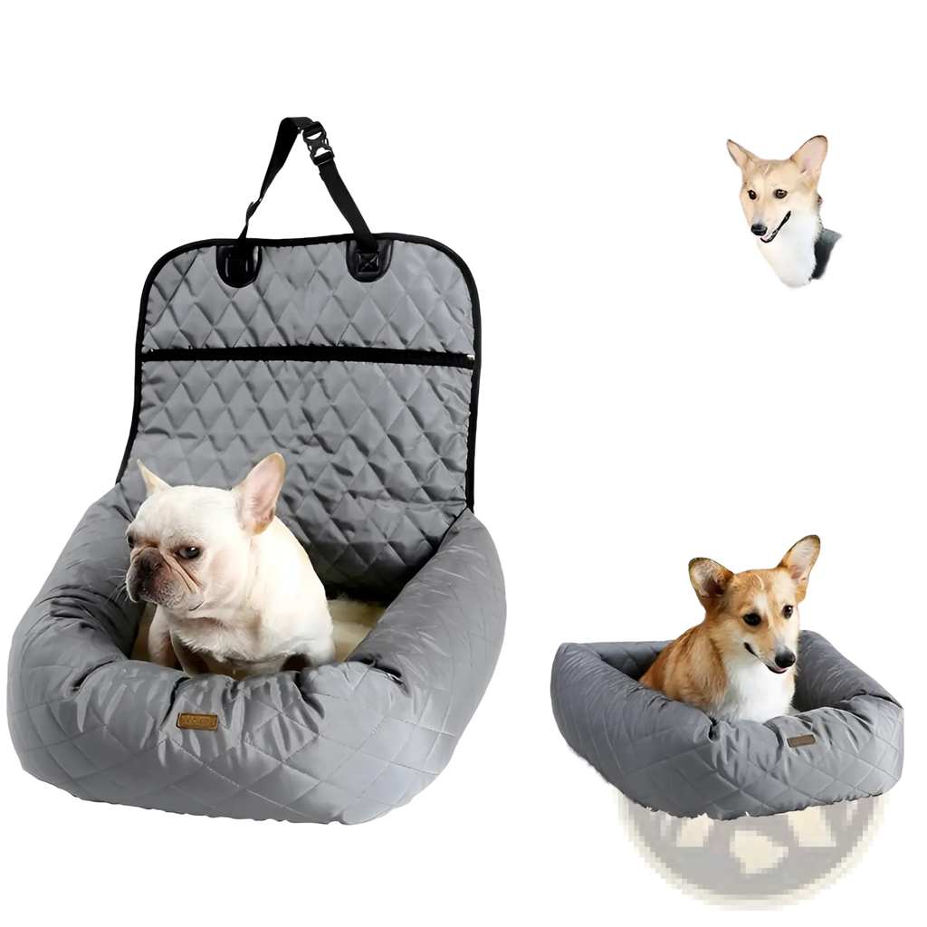 Gray quilted waterproof dog car seat bed with padded cushioned design and black straps for secure attachment