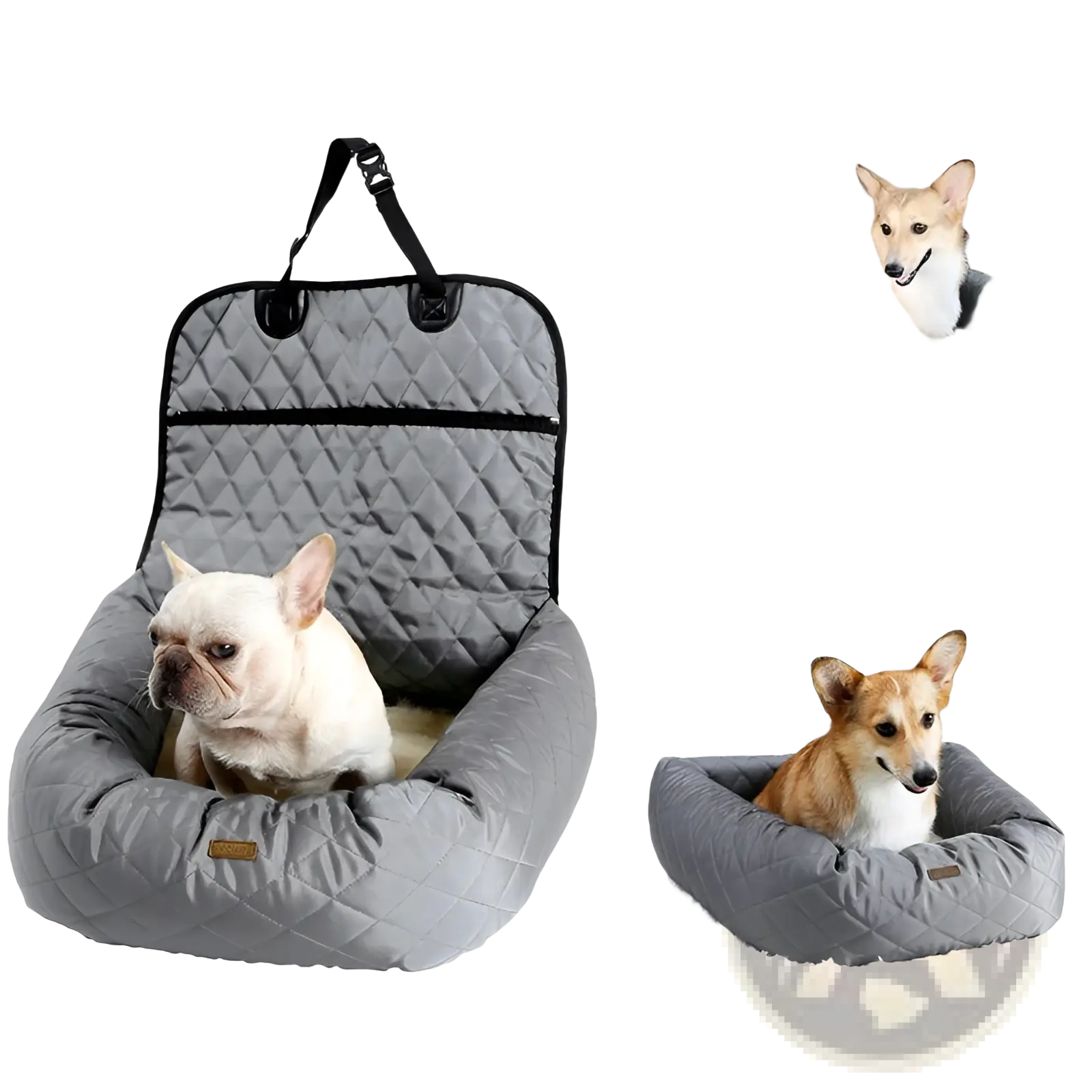 Gray quilted waterproof dog car seat bed with padded cushioned design and black straps for secure attachment