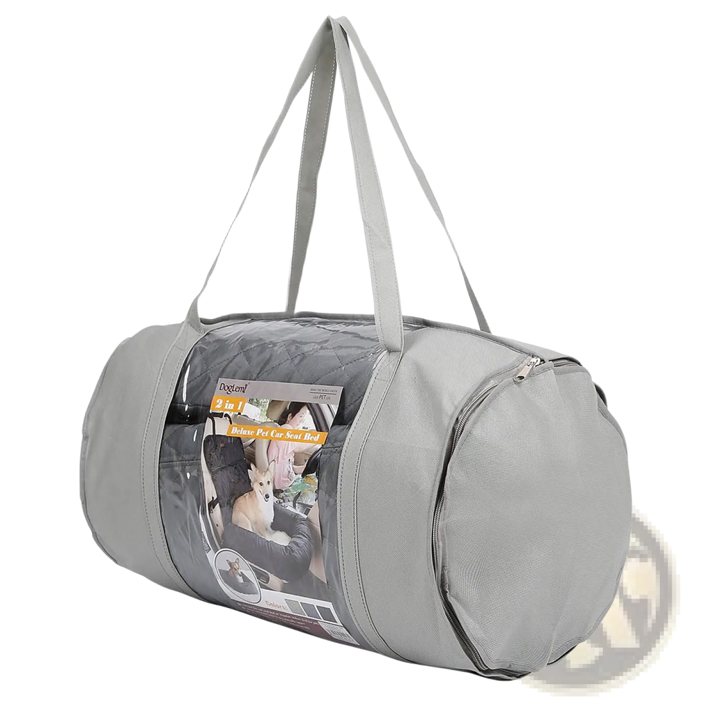 Gray fabric dog car seat bed waterproof foldable carrier duffel bag with two shoulder straps and clear plastic window