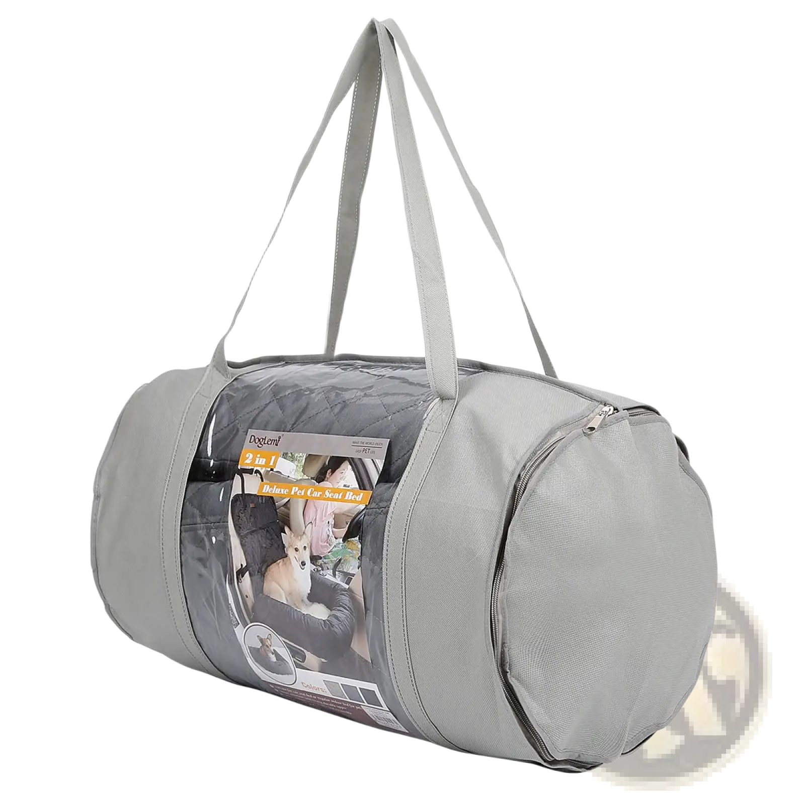 Gray fabric dog car seat bed waterproof foldable carrier duffel bag with two shoulder straps and clear plastic window