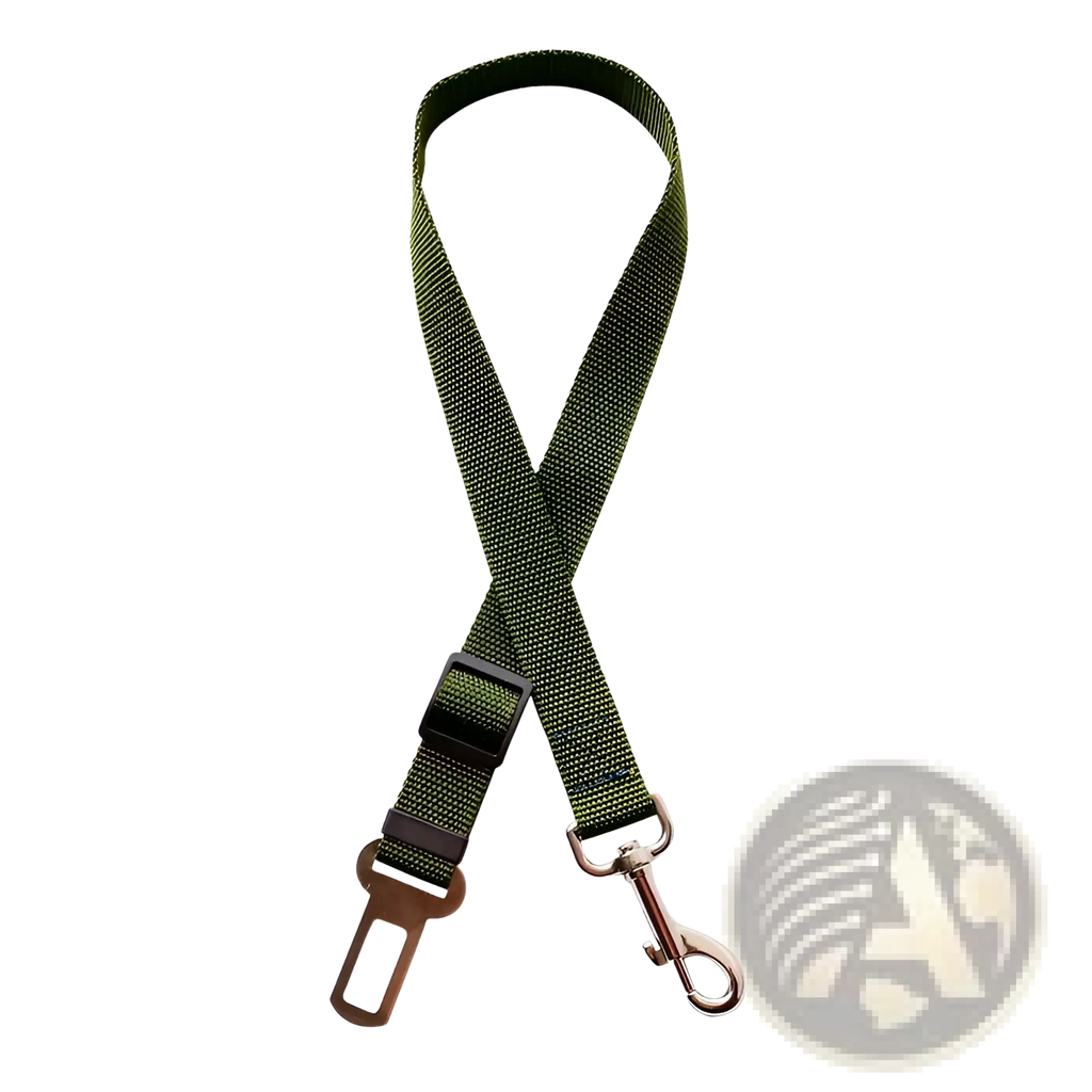 Olive green woven fabric dog car seat belt clip with metal hook and buckle for adjustable safety lead harness