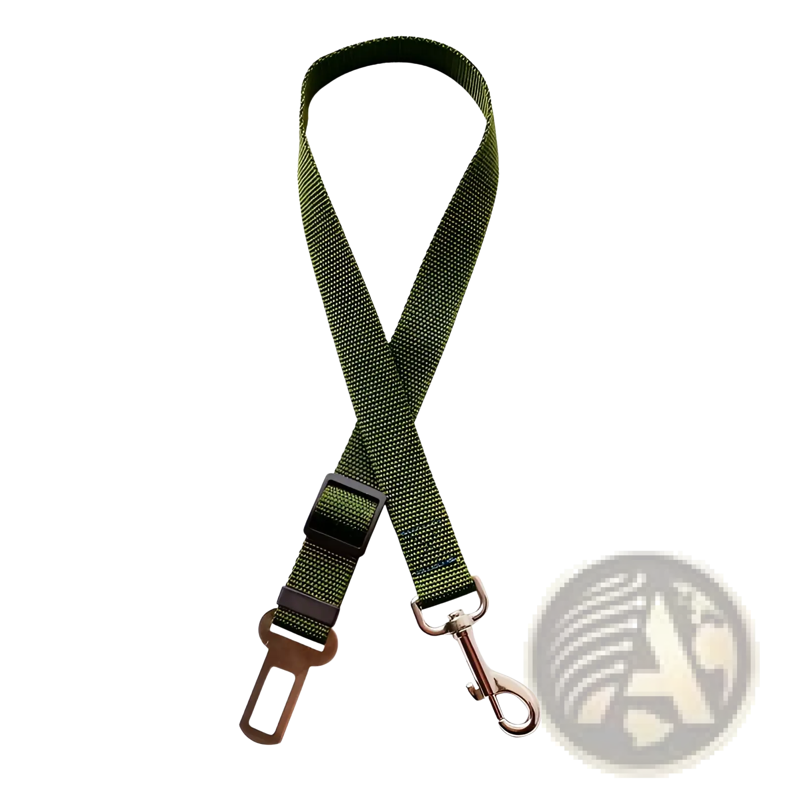 Olive green woven fabric dog car seat belt clip with metal hook and buckle for adjustable safety lead harness