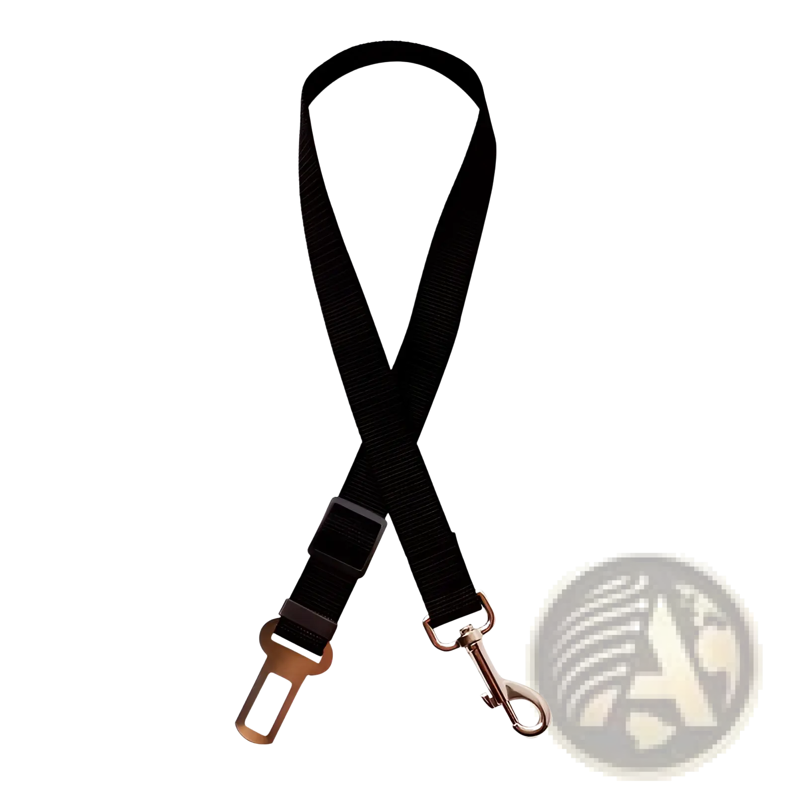 Black fabric dog car seat belt extender strap with adjustable metallic buckle and hook for safety harness use