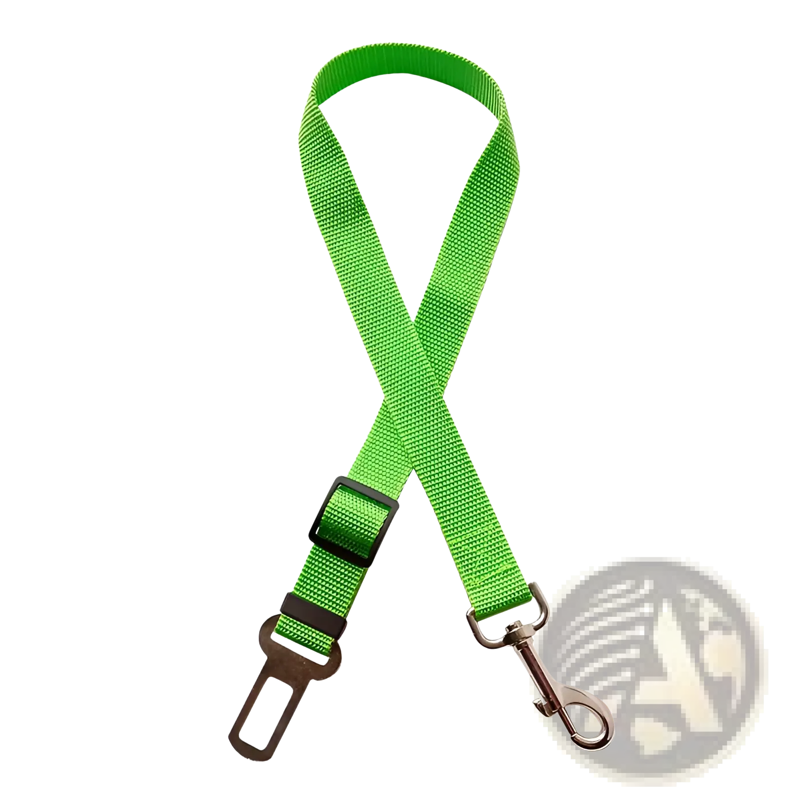 Bright green woven nylon dog car seat belt extender strap with black buckle and metal safety clips for adjustable harness