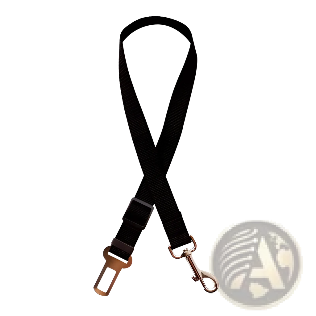 Black fabric dog car seat belt extender strap with metallic buckle and hook for adjustable safety lead harness