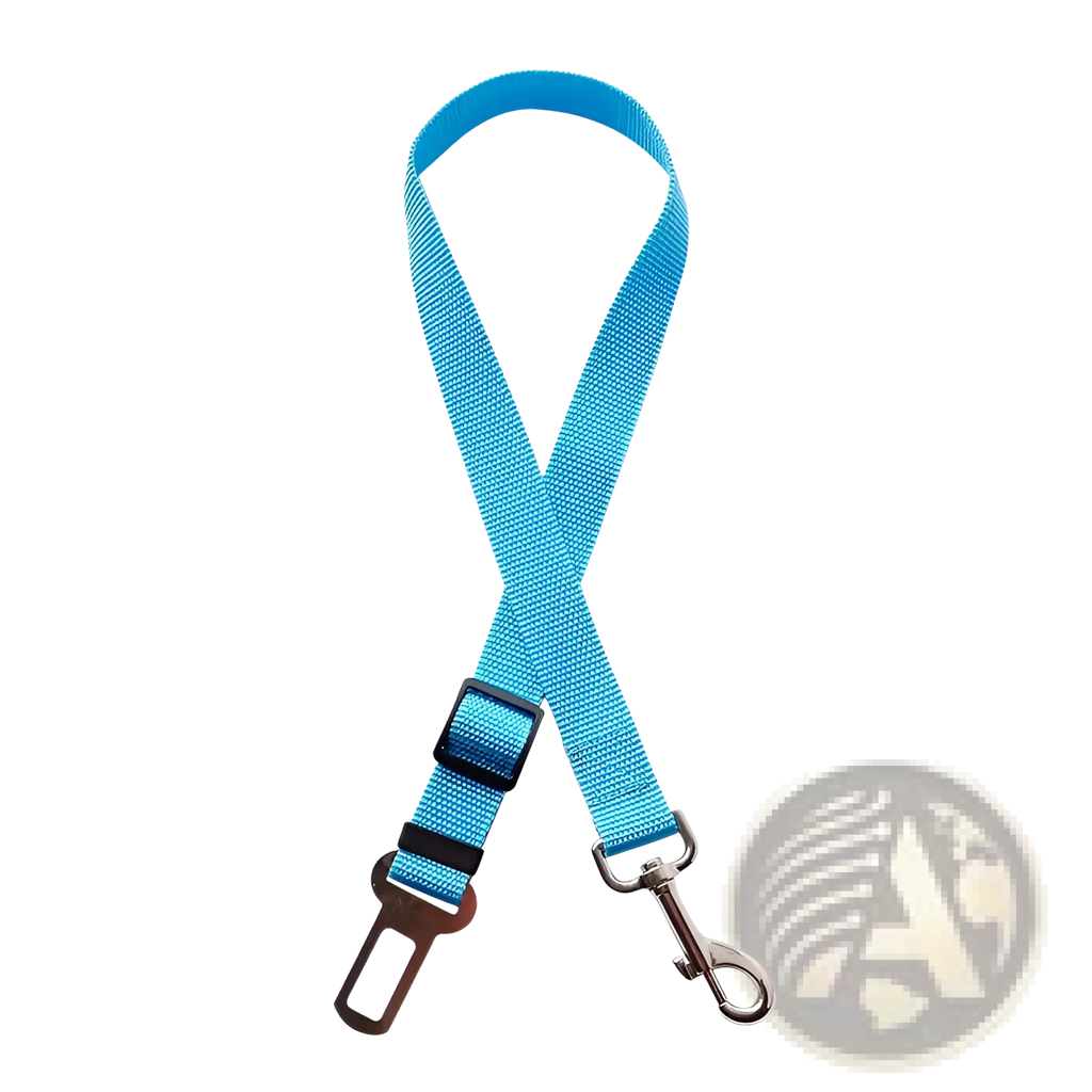 Bright blue woven nylon dog car seat belt extender strap with black plastic buckle and silver metal hooks for safety harness