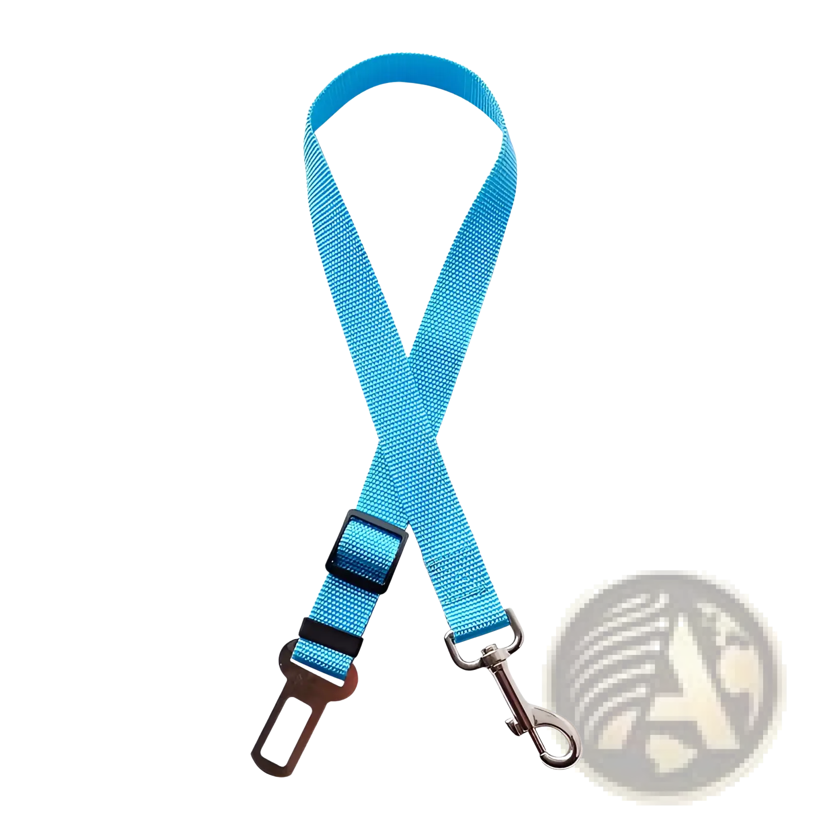 Bright blue woven nylon dog car seat belt extender strap with black plastic buckle and silver metal hooks for safety harness