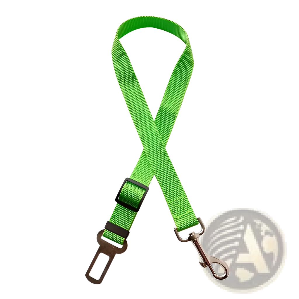 Bright green woven nylon dog car seat belt extender strap with black buckle and metal safety clips for adjustable harness
