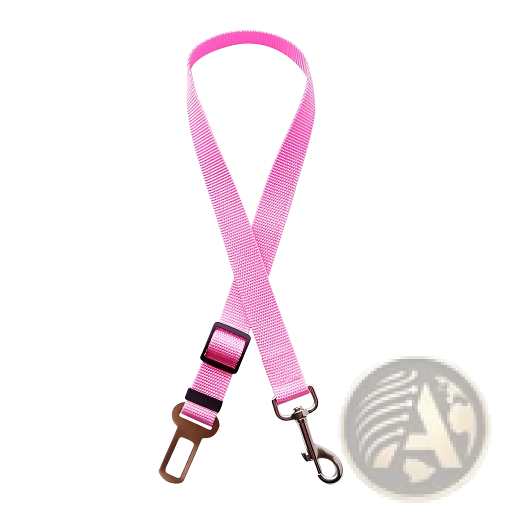 Pink woven fabric dog car seat belt clip strap with black plastic buckle and metal hooks for adjustable safety lead harness