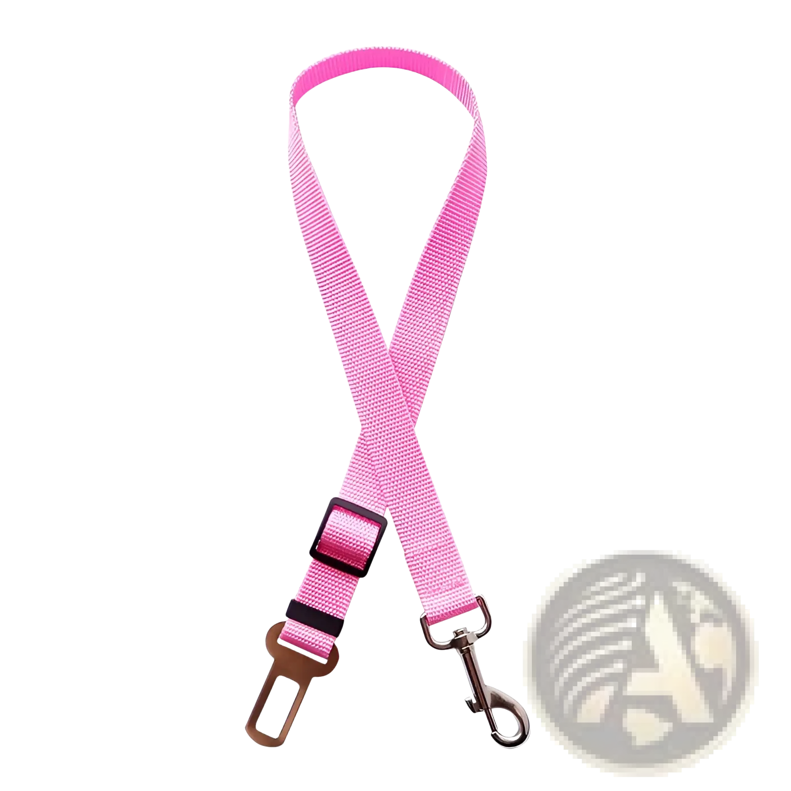 Pink woven fabric dog car seat belt clip strap with black plastic buckle and metal hooks for adjustable safety lead harness