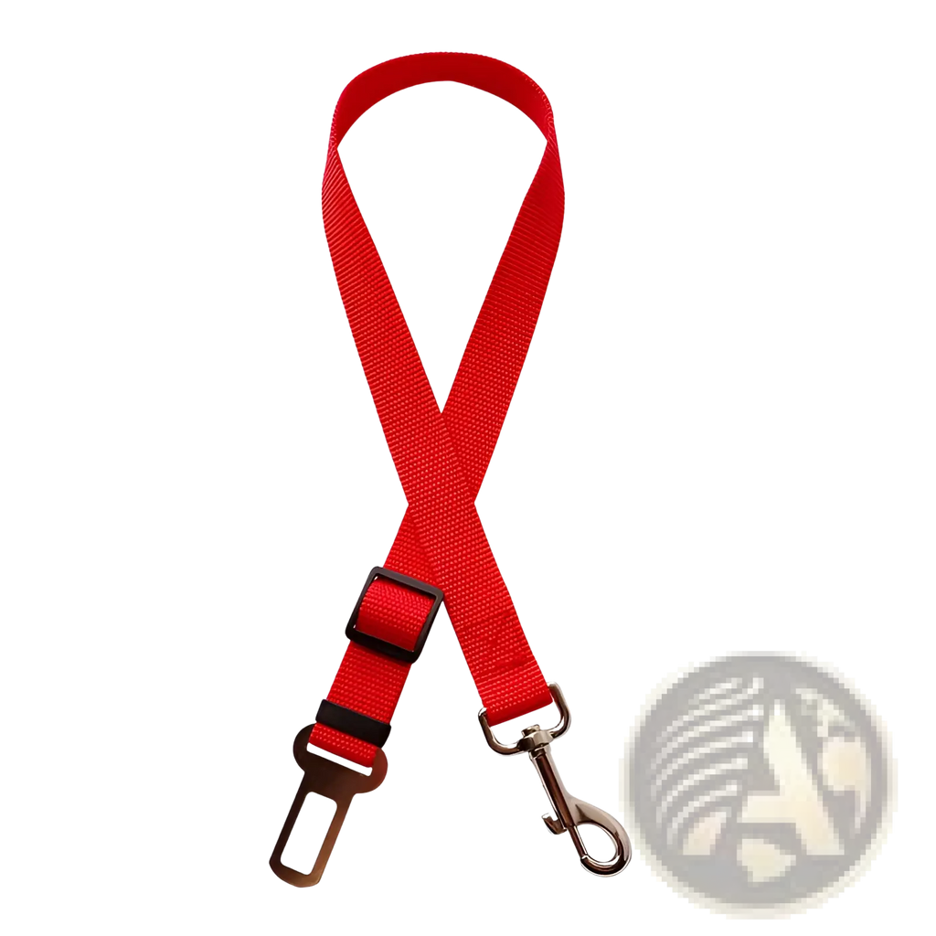 Red fabric dog car seat belt extender strap with black plastic buckle and metal safety clips for adjustable harness use
