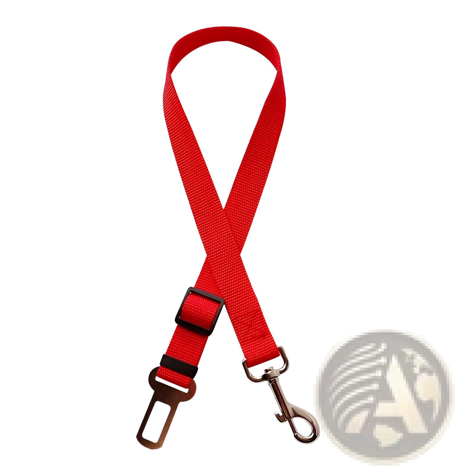 Red fabric dog car seat belt extender strap with black plastic buckle and metal safety clips for adjustable harness use