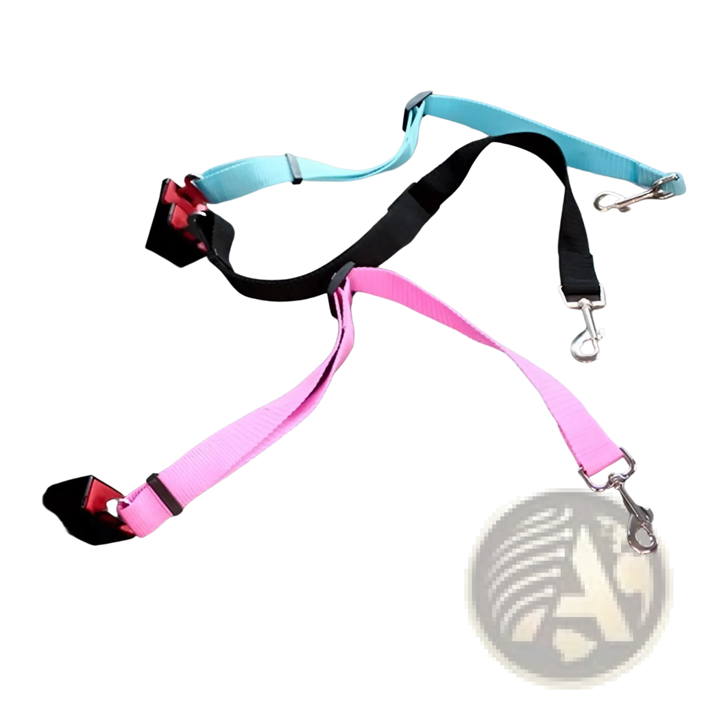 Dog car seat belt adjustable safety lead harness in pink black and light blue with metal clasp for secure travel