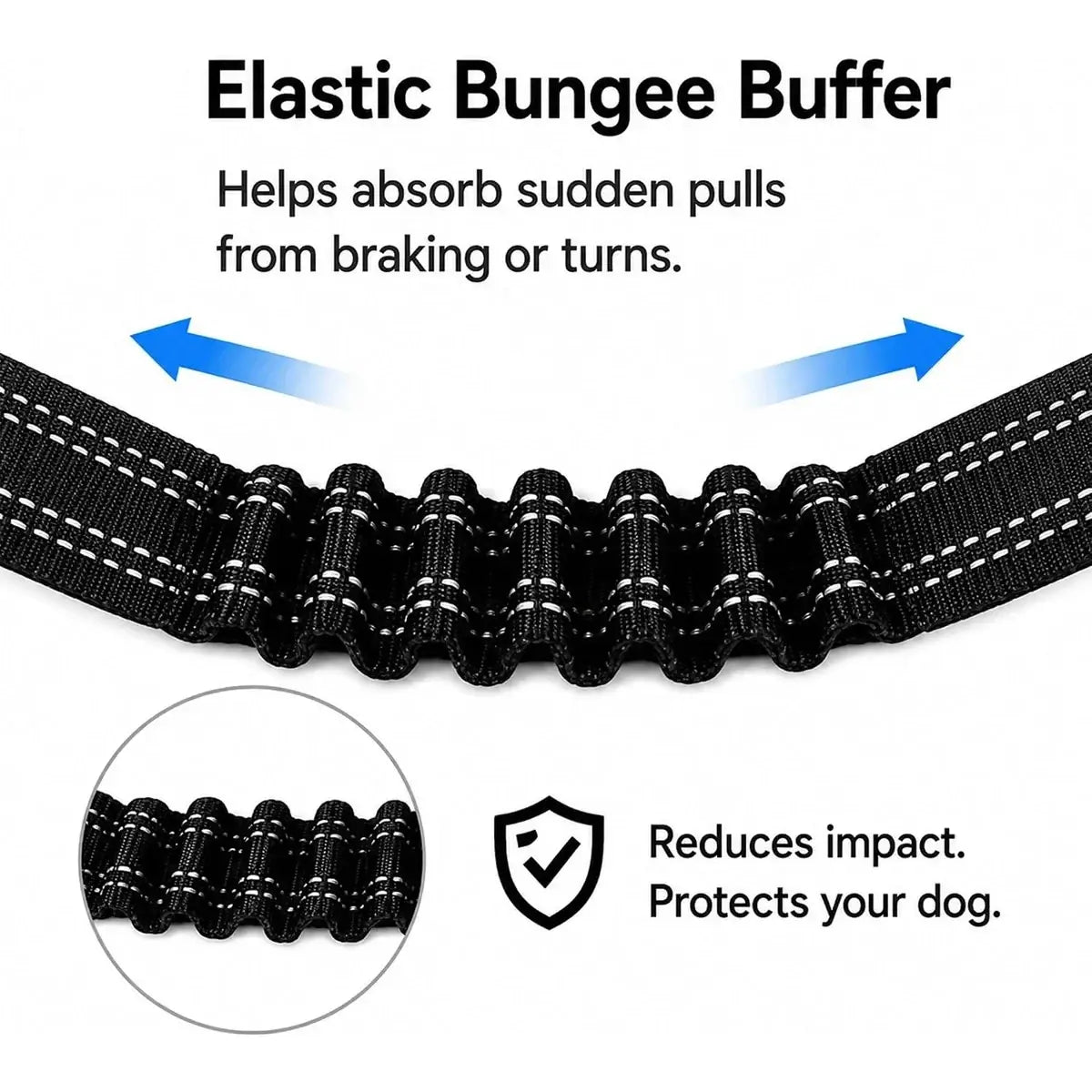 Black elastic bungee buffer with white stitching designed for pet car seat belt absorbing sudden pulls from braking or turns