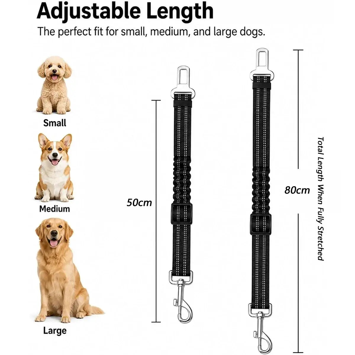 Black adjustable car seat belt dog leash with reflective stitching metal hardware for secure pet car safety