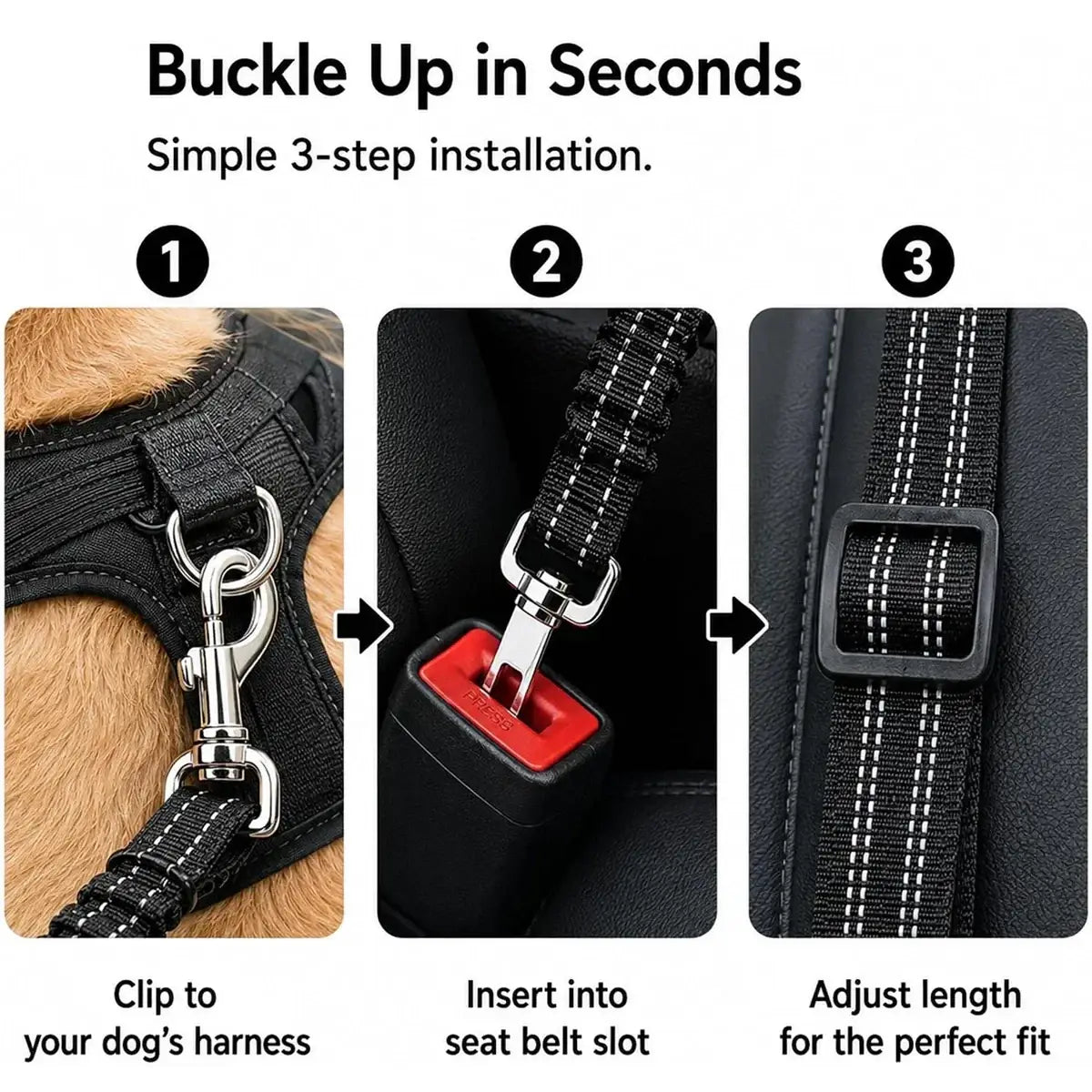 Black dog car seat belt with elastic bungee, reflective stripes, and silver metal buckle for pet car safety