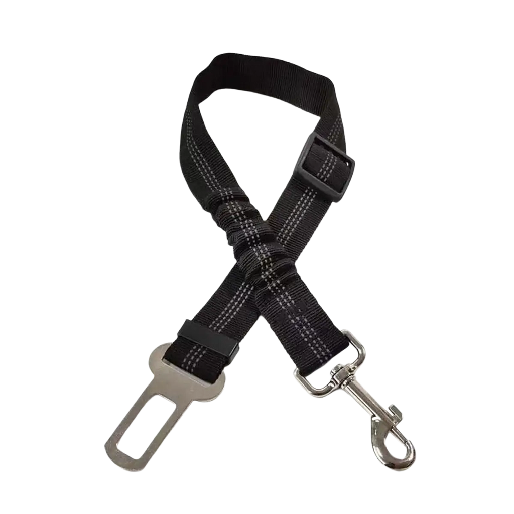 Black nylon pet car seat belt extender with silver metal buckle and clip for dog car seat with elastic bungee and reflective stripes