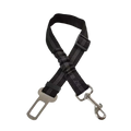 Black nylon pet car seat belt extender with silver metal buckle and clip for dog car seat with elastic bungee and reflective stripes