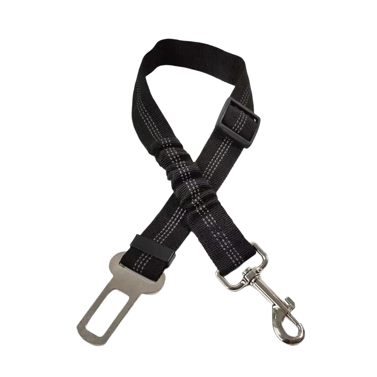 Black nylon pet car seat belt extender with silver metal buckle and clip for dog car seat with elastic bungee and reflective stripes