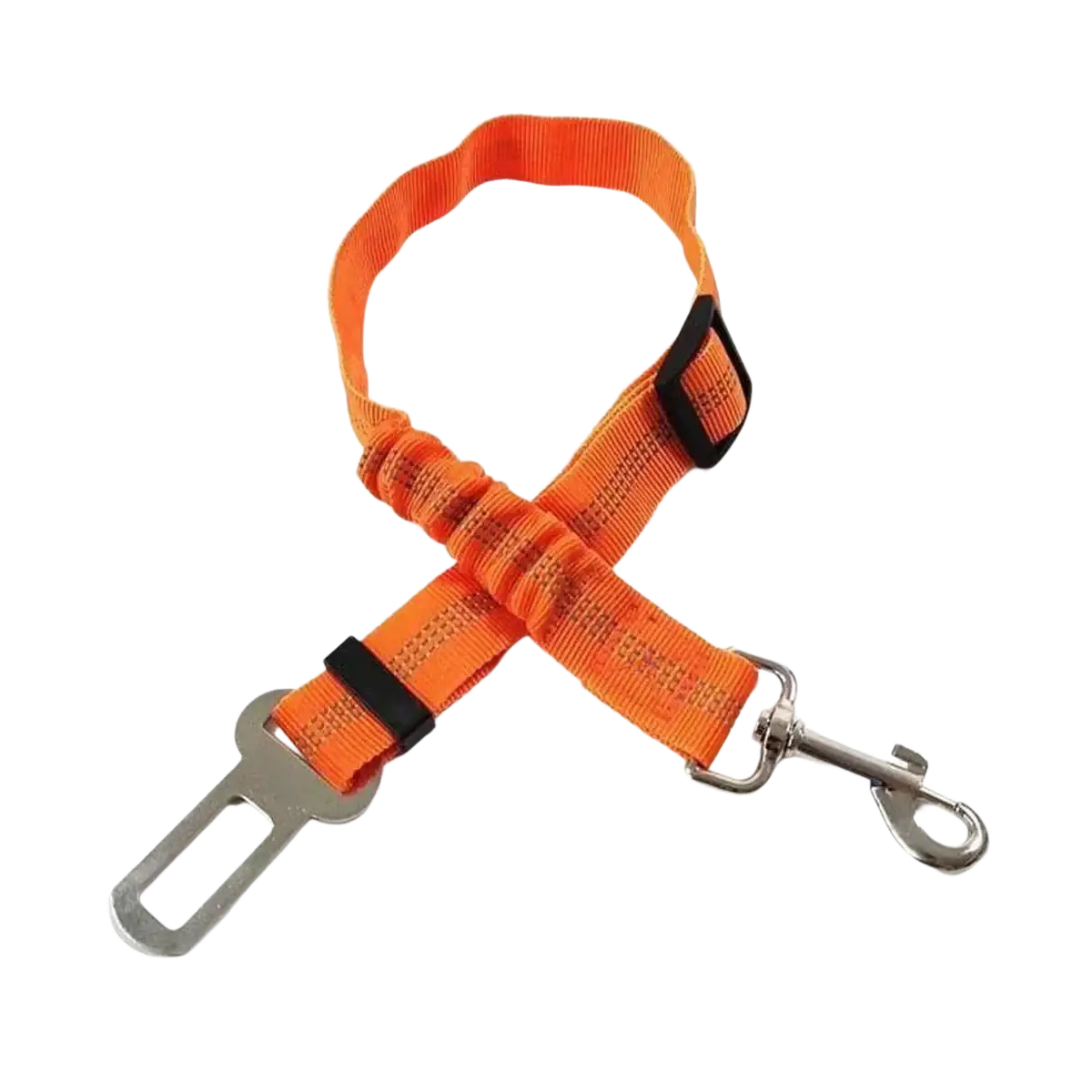 Bright orange woven pet car seat belt clip with black plastic buckle and silver metal hook for car seat safety