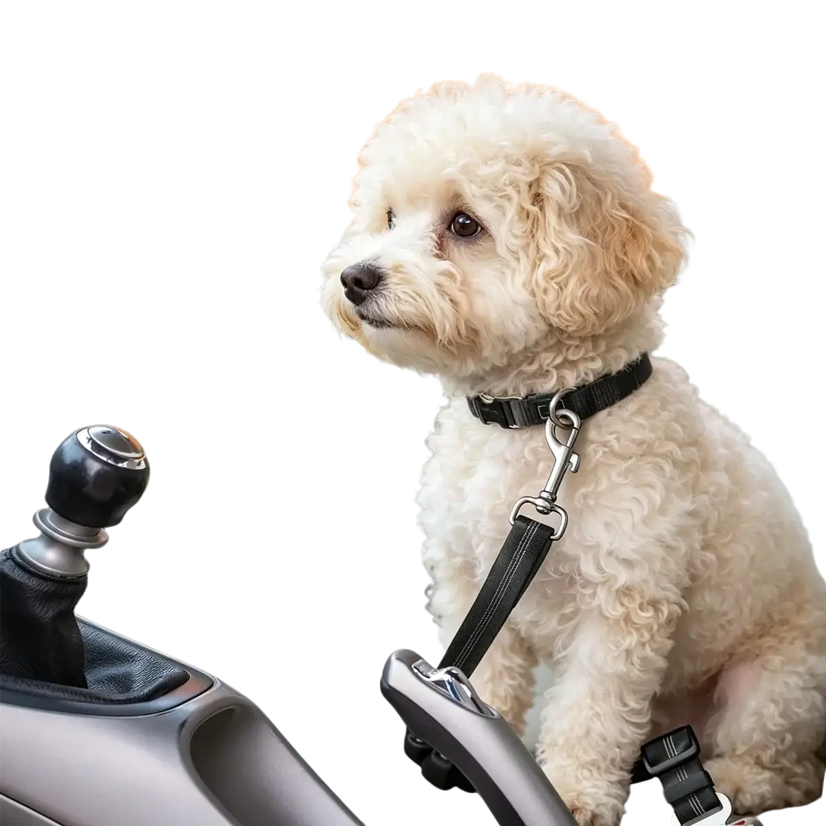 A fluffy white poodle wearing a black harness secured with a dog car seat belt with elastic bungee and reflective stripes