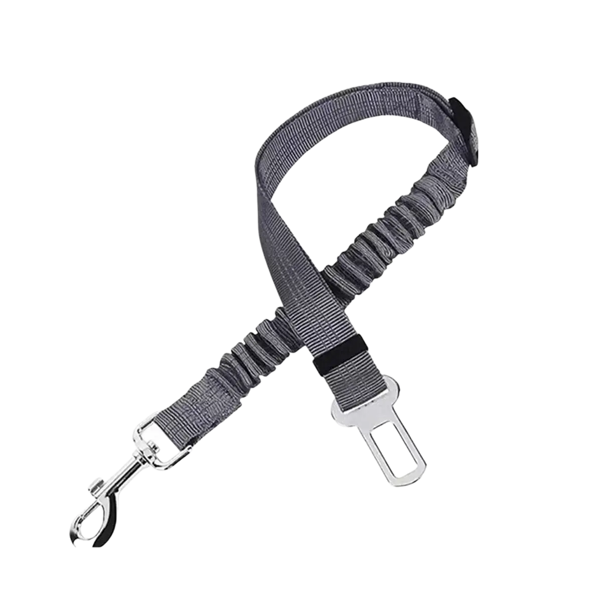 Gray woven fabric dog car seat belt with elastic bungee reflective stripes and silver metal clip for pet car safety