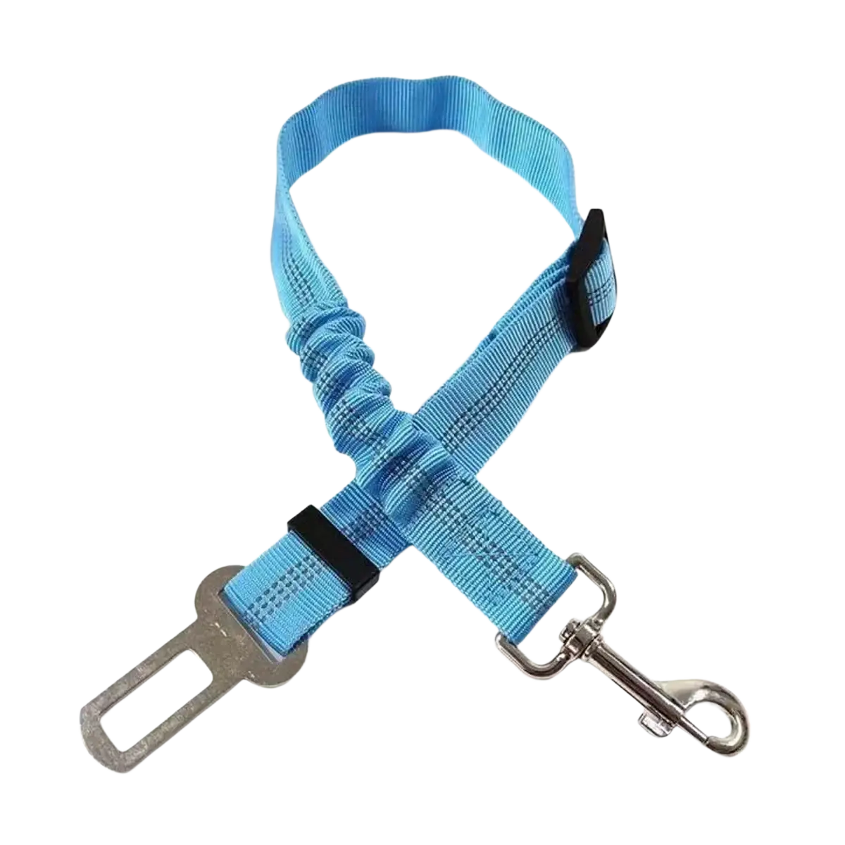 Light blue elastic pet car seat belt with black plastic buckle and silver metal clip for secure pet travel safety