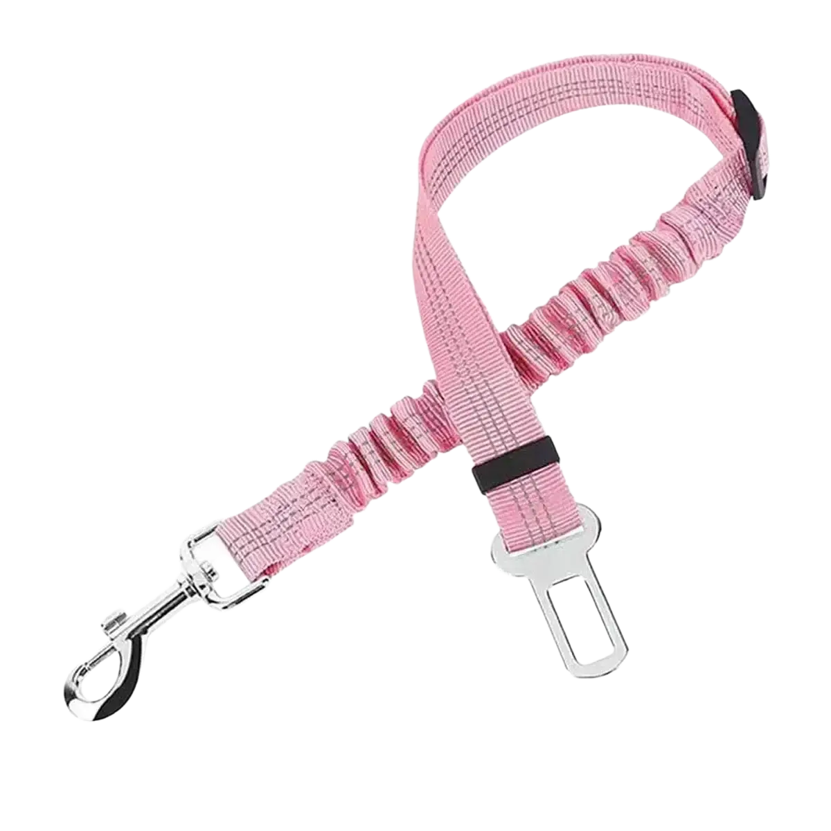Pink elastic pet car seat belt with silver metal clip and buckle featuring reflective stripes for secure car seat use