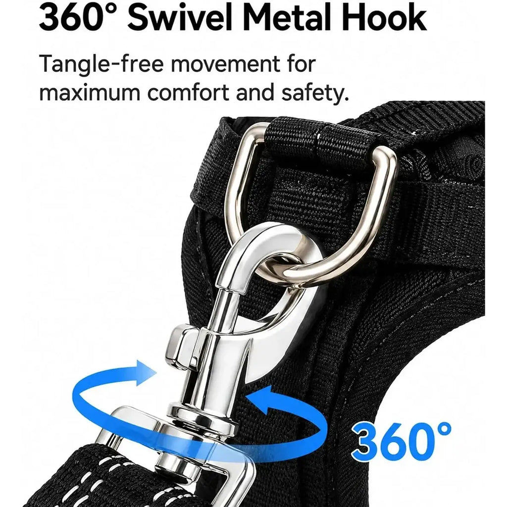 Silver 360-degree swivel metal hook attached to black fabric harness strap of pet car seat belt with reflective stripes