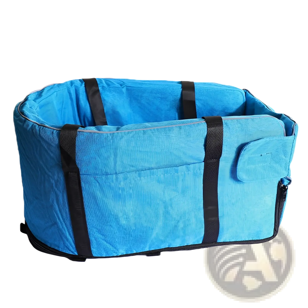 Blue fabric dog car seat and pet carrier kennel with black webbing straps and zippered pocket for secure transport