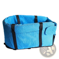 Blue fabric dog car seat and pet carrier kennel with black webbing straps and zippered pocket for secure transport