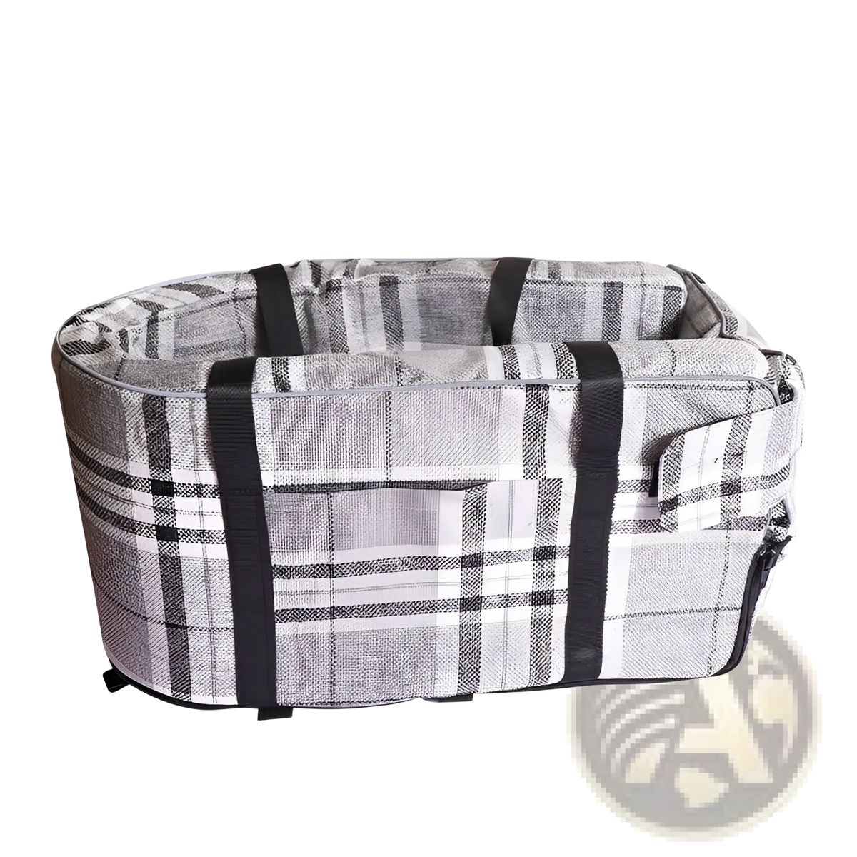 Gray and black plaid dog car seat and pet carrier kennel with sturdy fabric straps for secure transportation