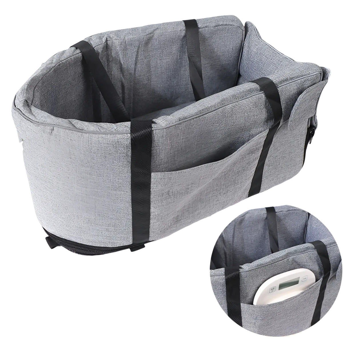 Gray textured fabric dog car seat and pet carrier kennel with black straps and zippered pocket shown open