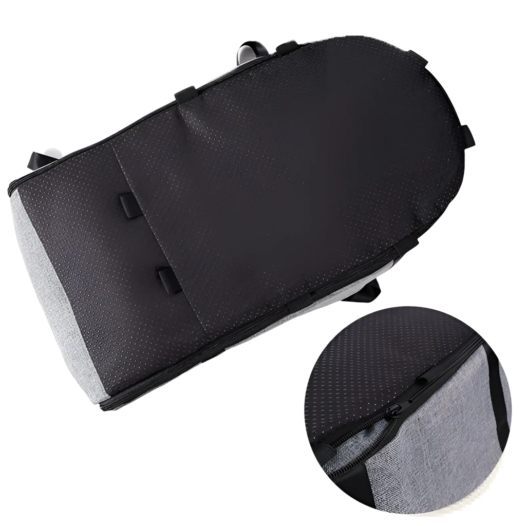 Black and gray textured fabric rolling backpack with subtle dotted pattern for dog car seat and pet carrier kennel