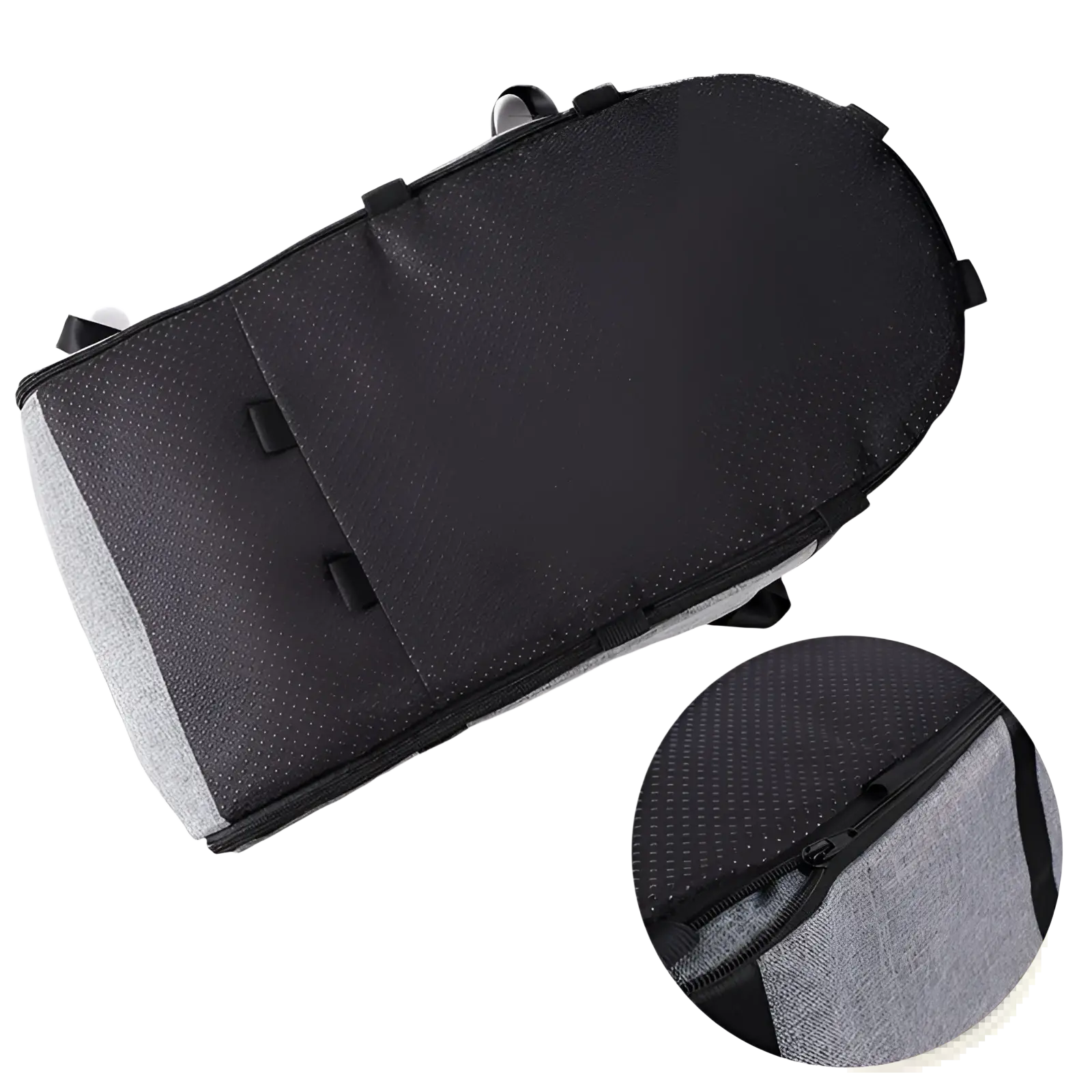 Black and gray textured fabric rolling backpack with subtle dotted pattern for dog car seat and pet carrier kennel