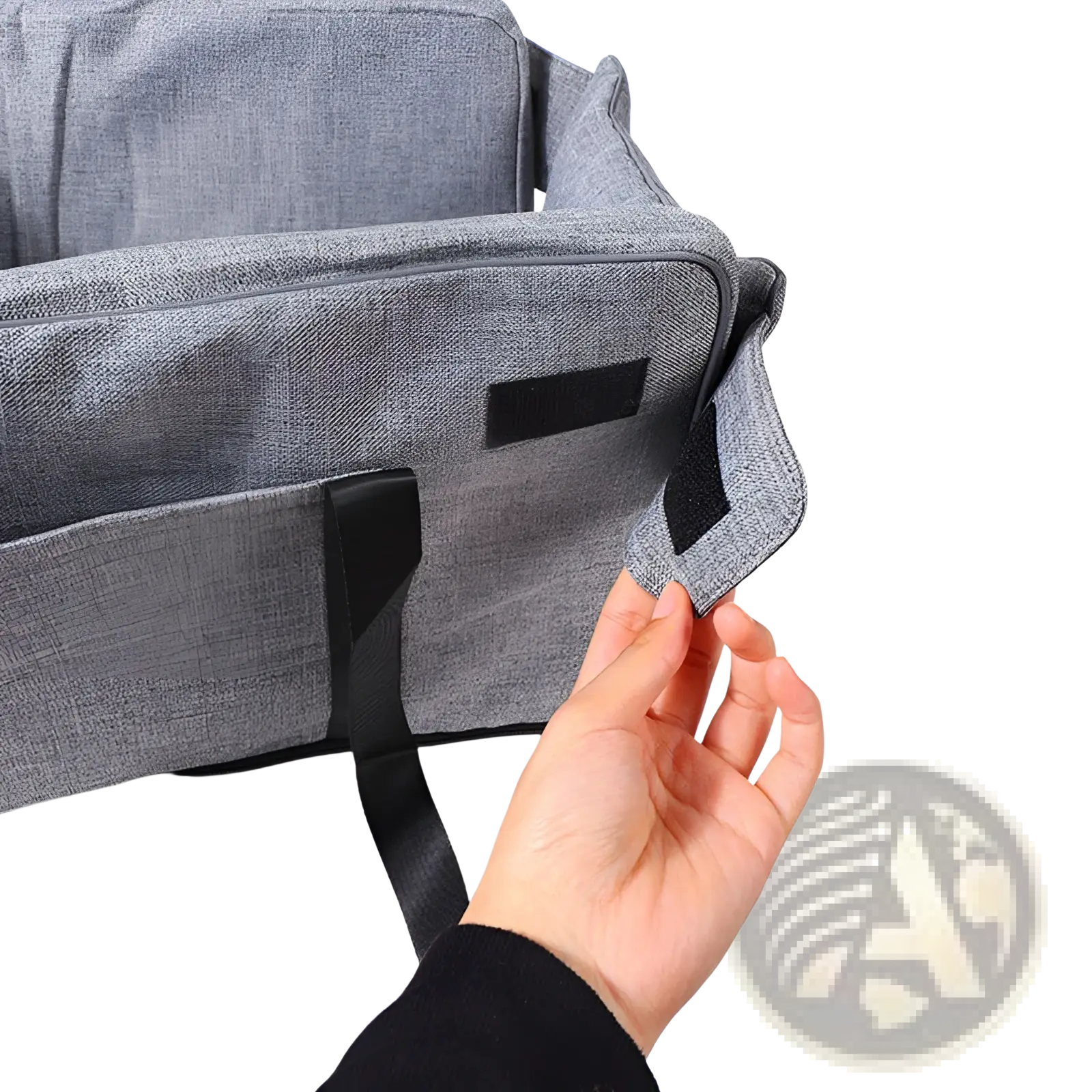 Gray textured fabric dog car seat and pet carrier kennel with black webbing straps and velcro patch