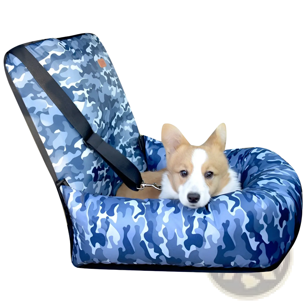 Dog car seat travel kennel in blue camouflage pattern with black safety straps for secure pet transportation