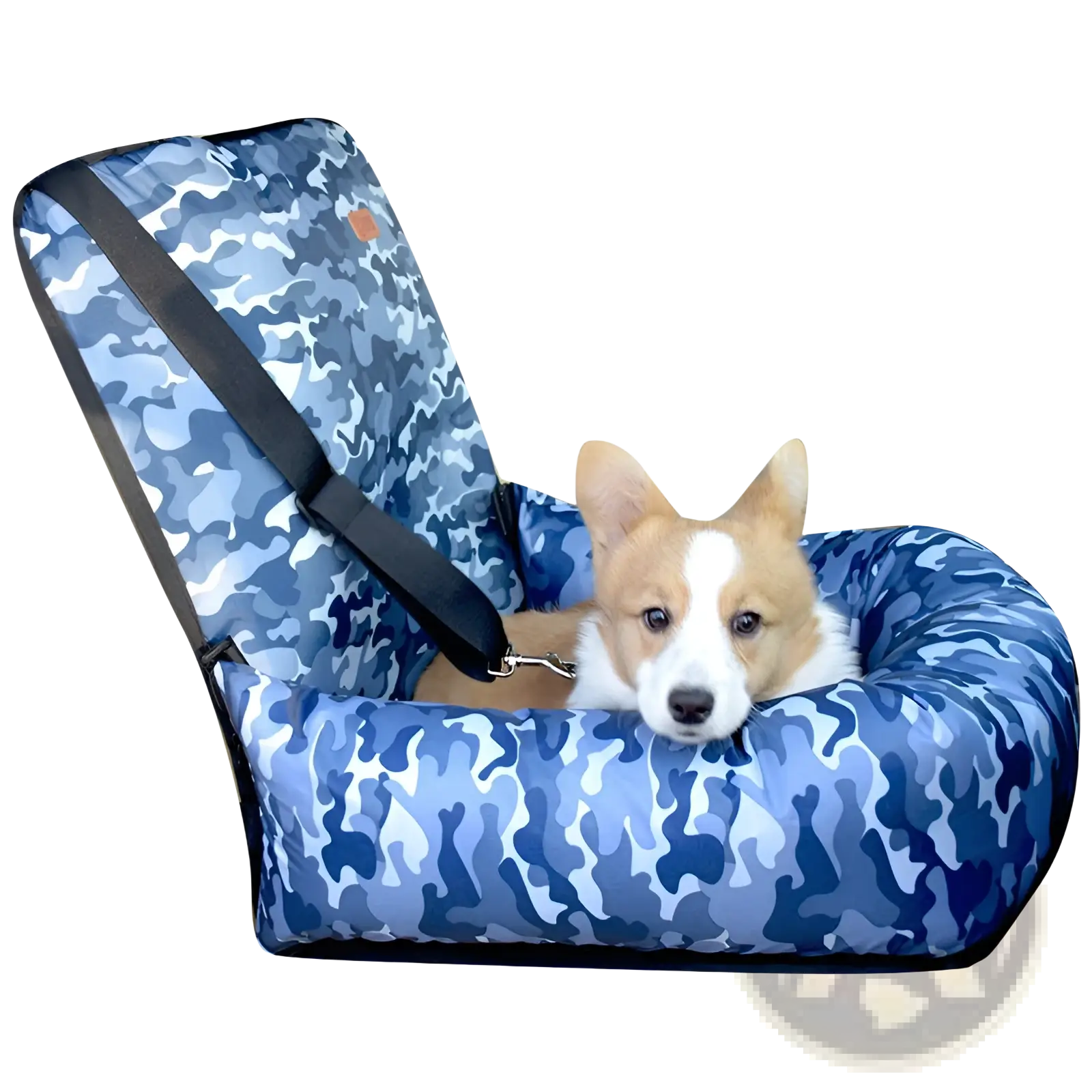Dog car seat travel kennel in blue camouflage pattern with black safety straps for secure pet transportation