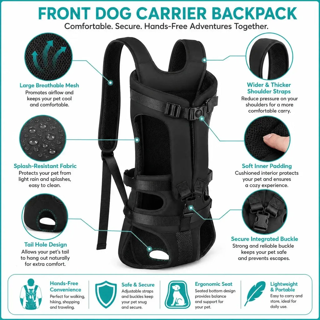 Black dog carrier backpack with breathable mesh, adjustable straps, and secure buckle system for pet travel