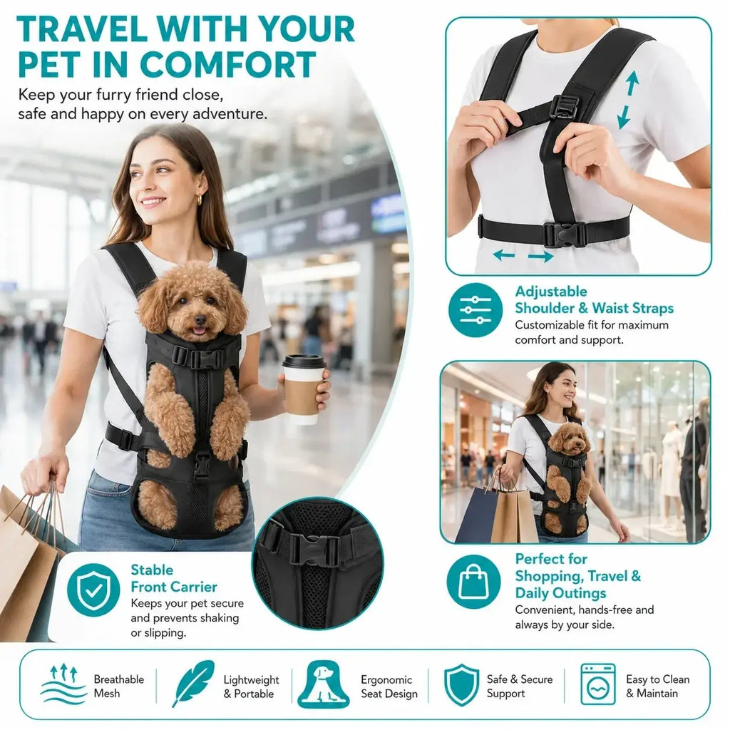 Black adjustable dog carrier backpack with breathable mesh and ergonomic design for comfortable pet travel use