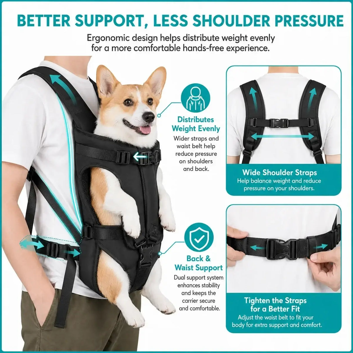 Black ergonomic dog carrier backpack with wide shoulder straps and waist belt for hands-free pet transport