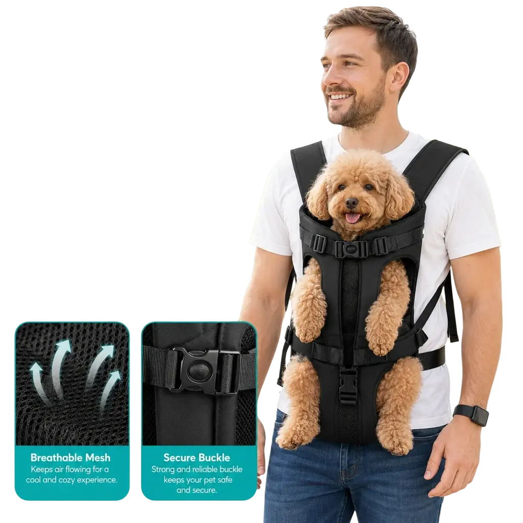 Black breathable mesh dog carrier backpack with adjustable straps and secure buckle for hands-free outdoor walking