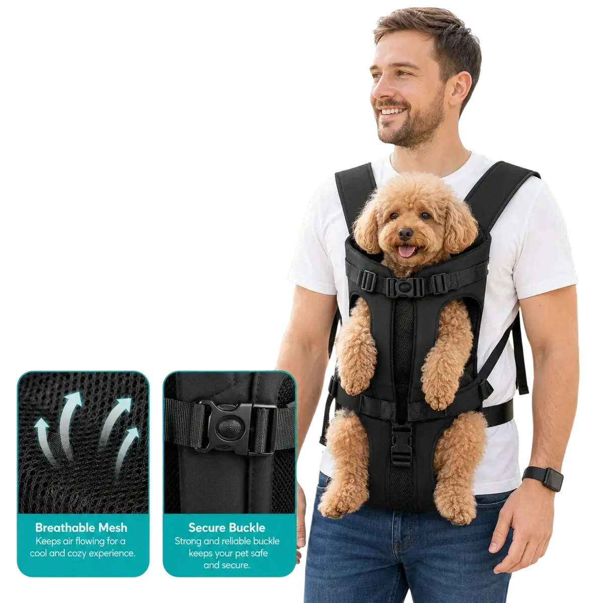 Black breathable mesh dog carrier backpack with adjustable straps and secure buckle for hands-free outdoor walking