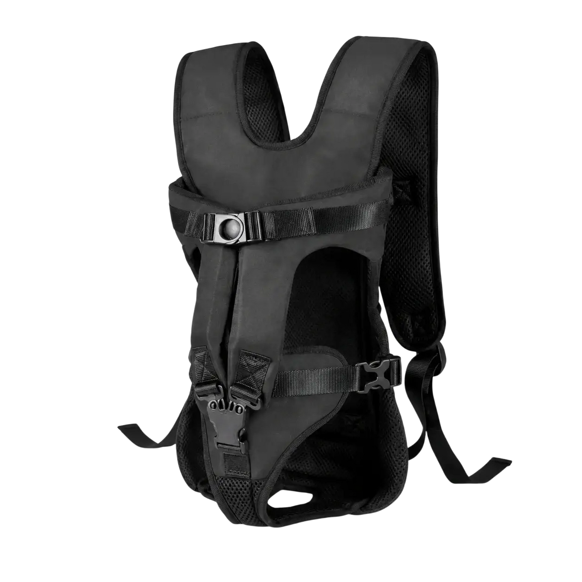 Black dog carrier backpack with breathable mesh panels and adjustable straps for comfortable pet travel