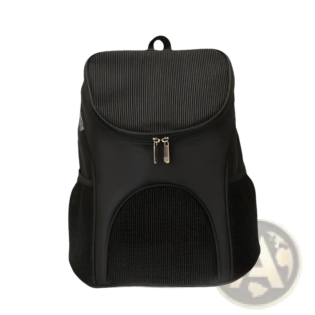 Black dog carrier backpack with breathable mesh panels and ribbed fabric for small pet travel use