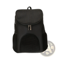 Black dog carrier backpack with breathable mesh panels and ribbed fabric for small pet travel use