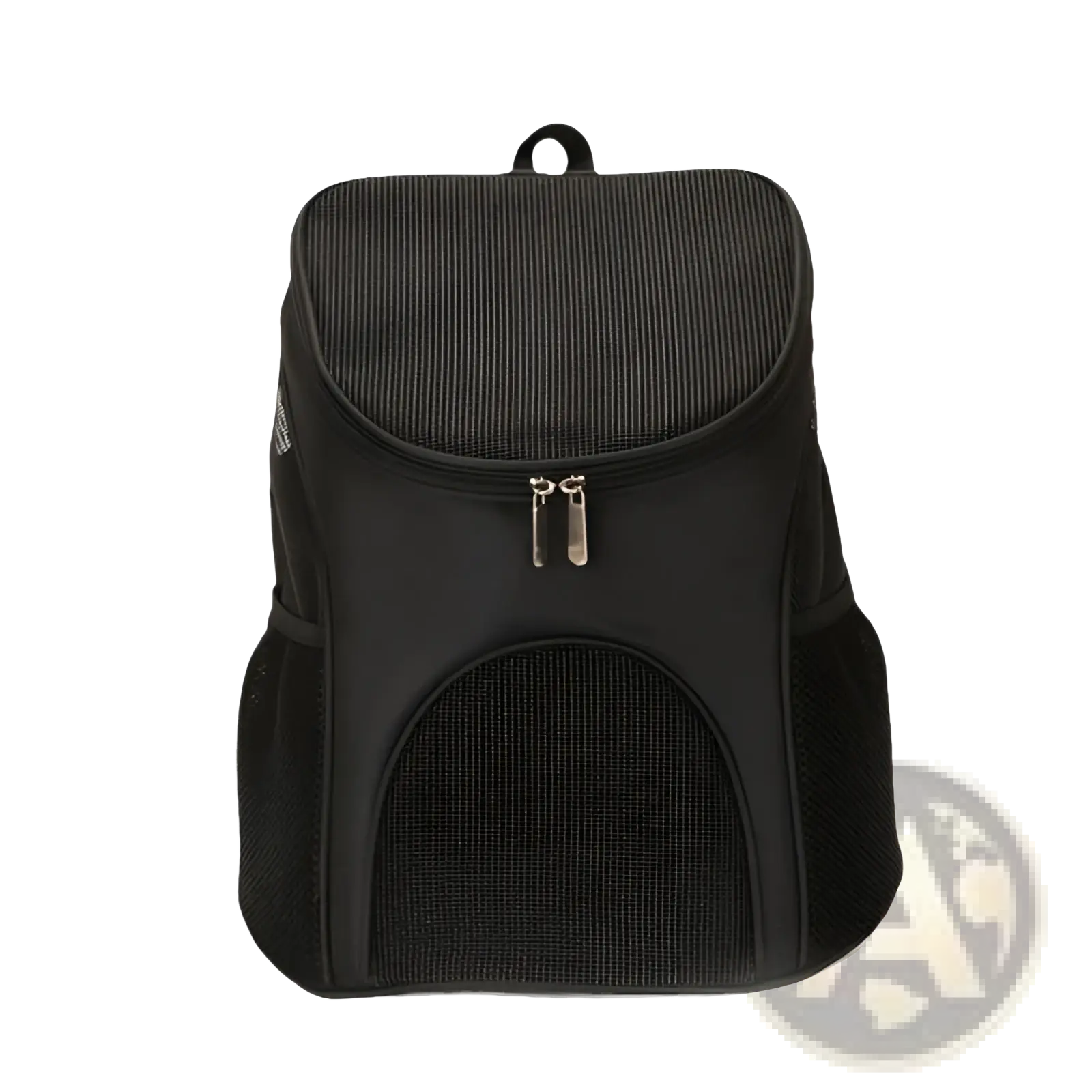 Black dog carrier backpack with breathable mesh panels and ribbed fabric for small pet travel use